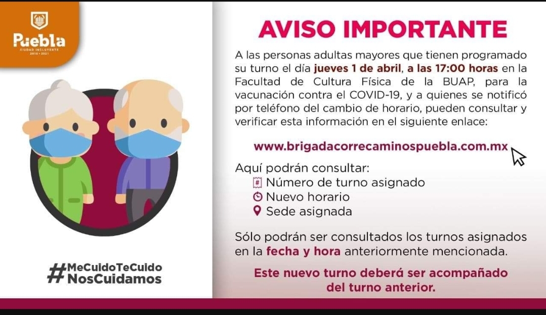 Adultos mayores en Puebla ya no serán vacunados en CU, tendrán que imprimir turno nuevo para otra sede