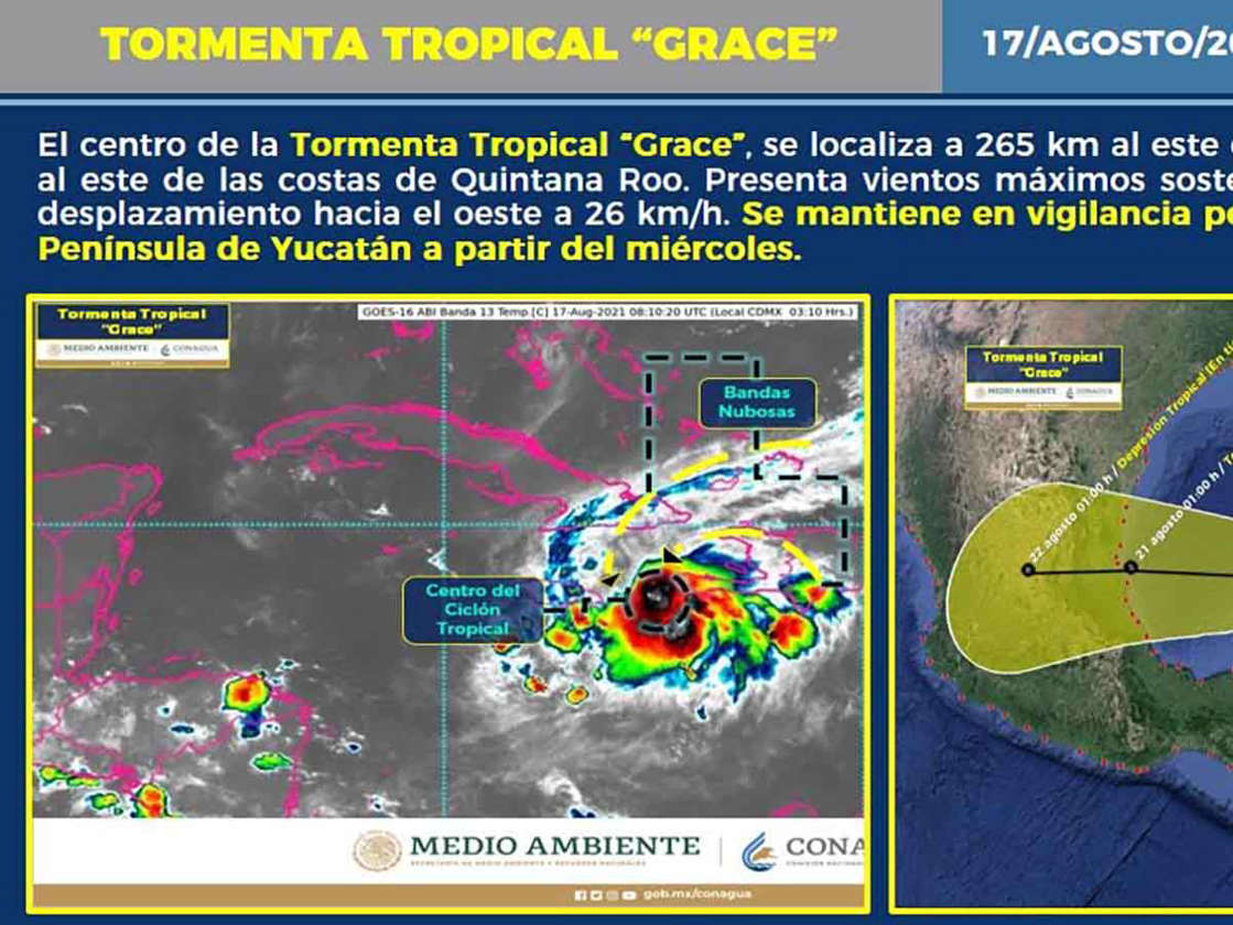 Tormenta tropical Grace llegará el miércoles a la Península de Yucatán