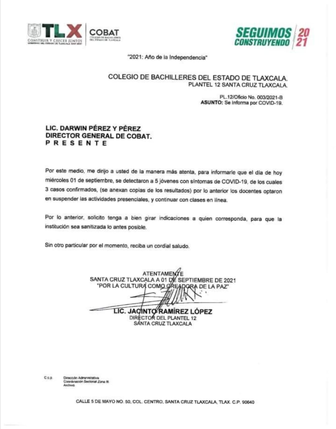 Suspenden clases presenciales en Cobat 12 por contagios Covid entre el alumnado
