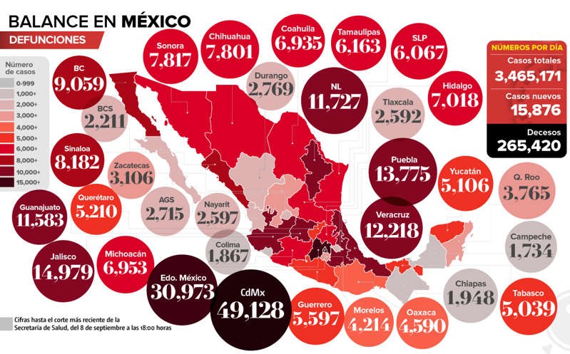 Este es el mapa de covid-19 en México; BC, es el estado con mayor letalidad