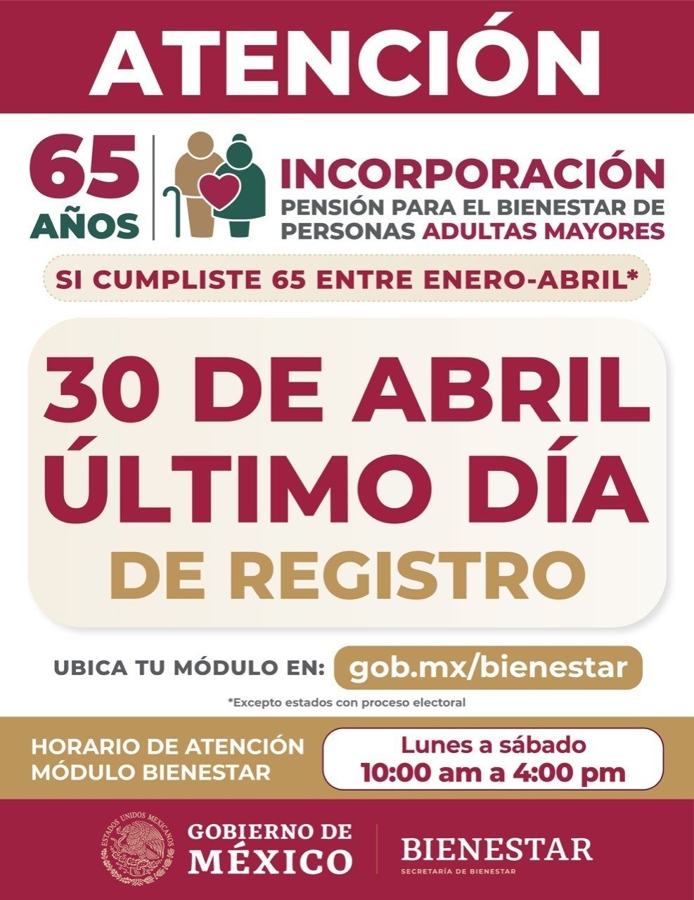 Termina plazo de registro al programa de pensiones para adultos mayores