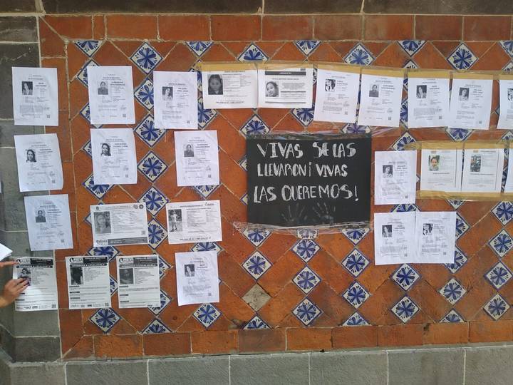 Feministas tlaxcaltecas plasman fichas de búsqueda de mujeres desaparecidas como acto de manifestación