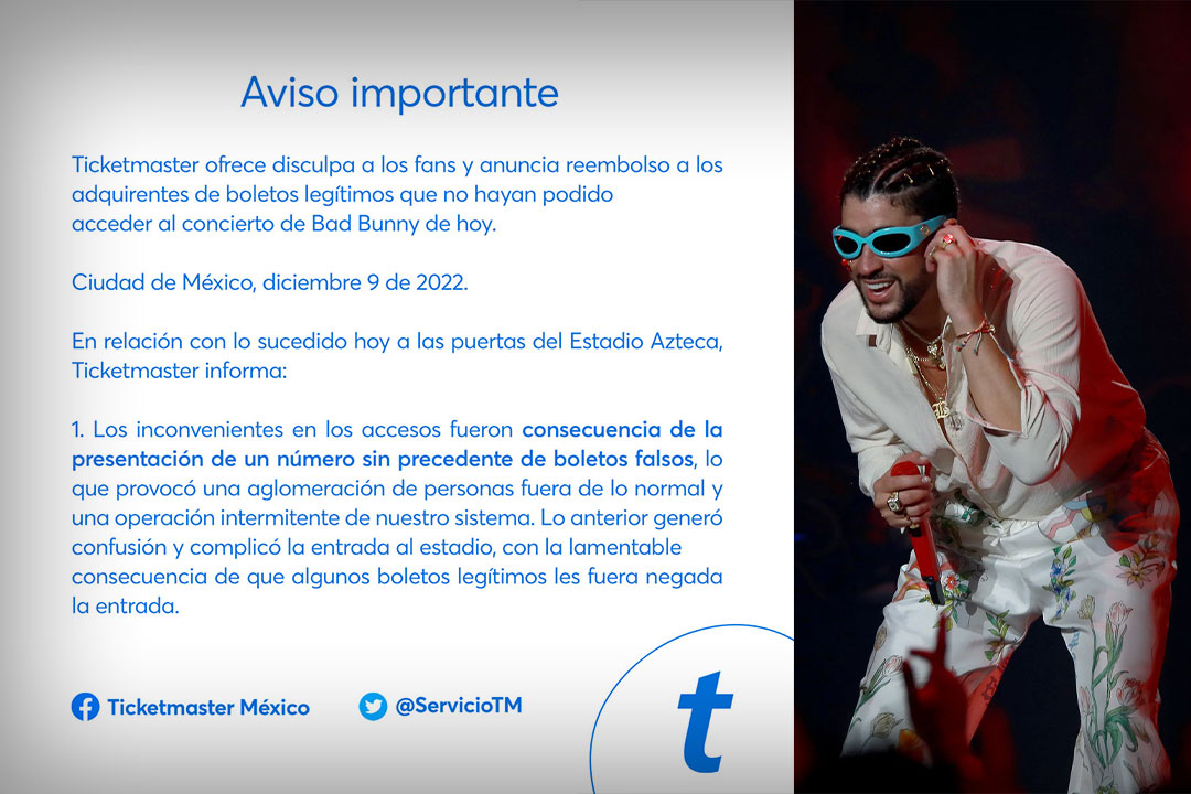 Se disculpa Ticketmaster por problema con boletos para Bad Bunny; confirma que hará reembolsos