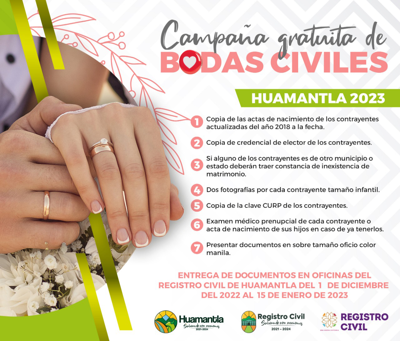 Ayuntamiento de Huamantla invita a participar en la campaña gratuita de bodas civiles