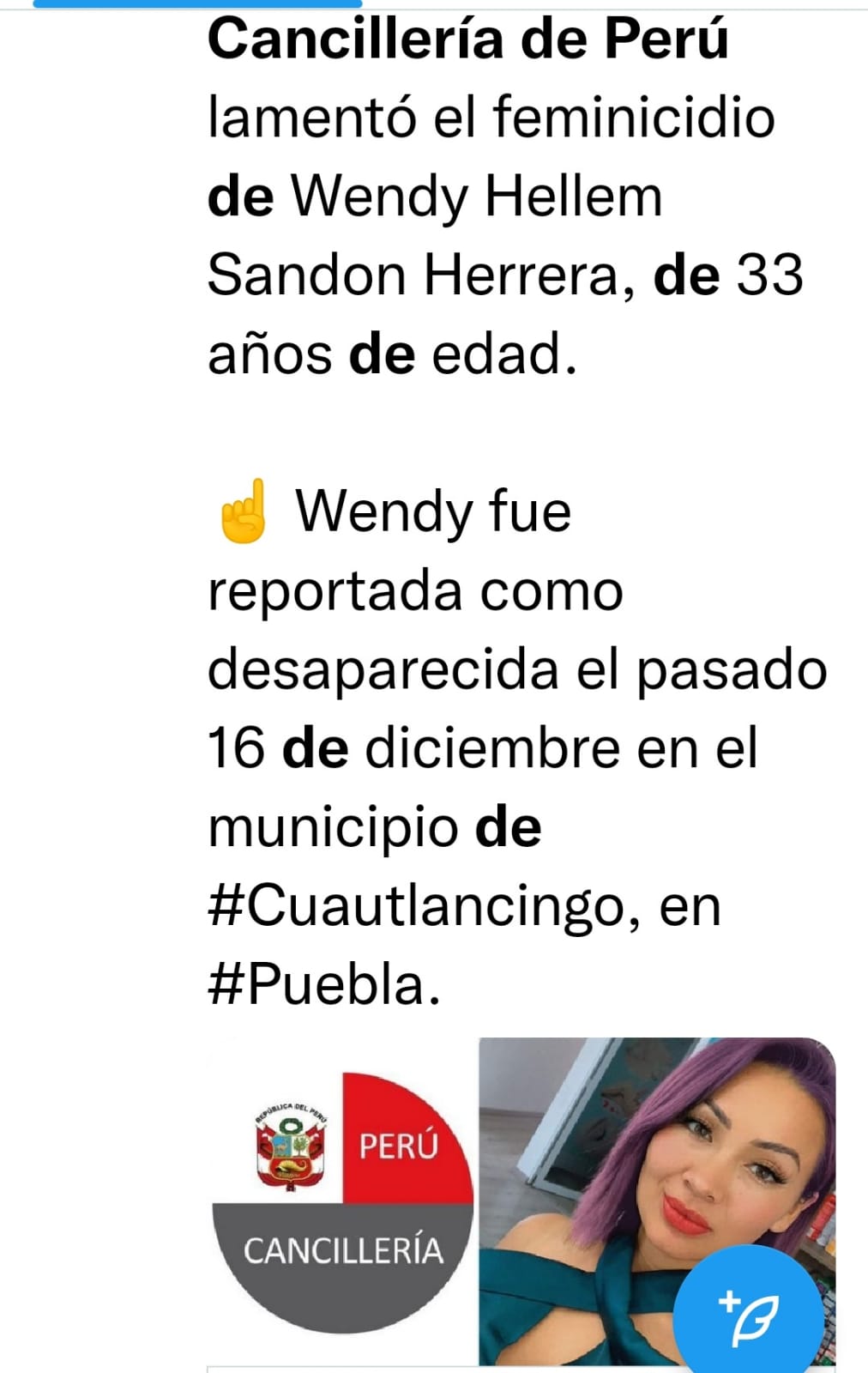 Cancillería de Perú se dice atenta al curso del caso de Wendy Hellem Sandon Herrera