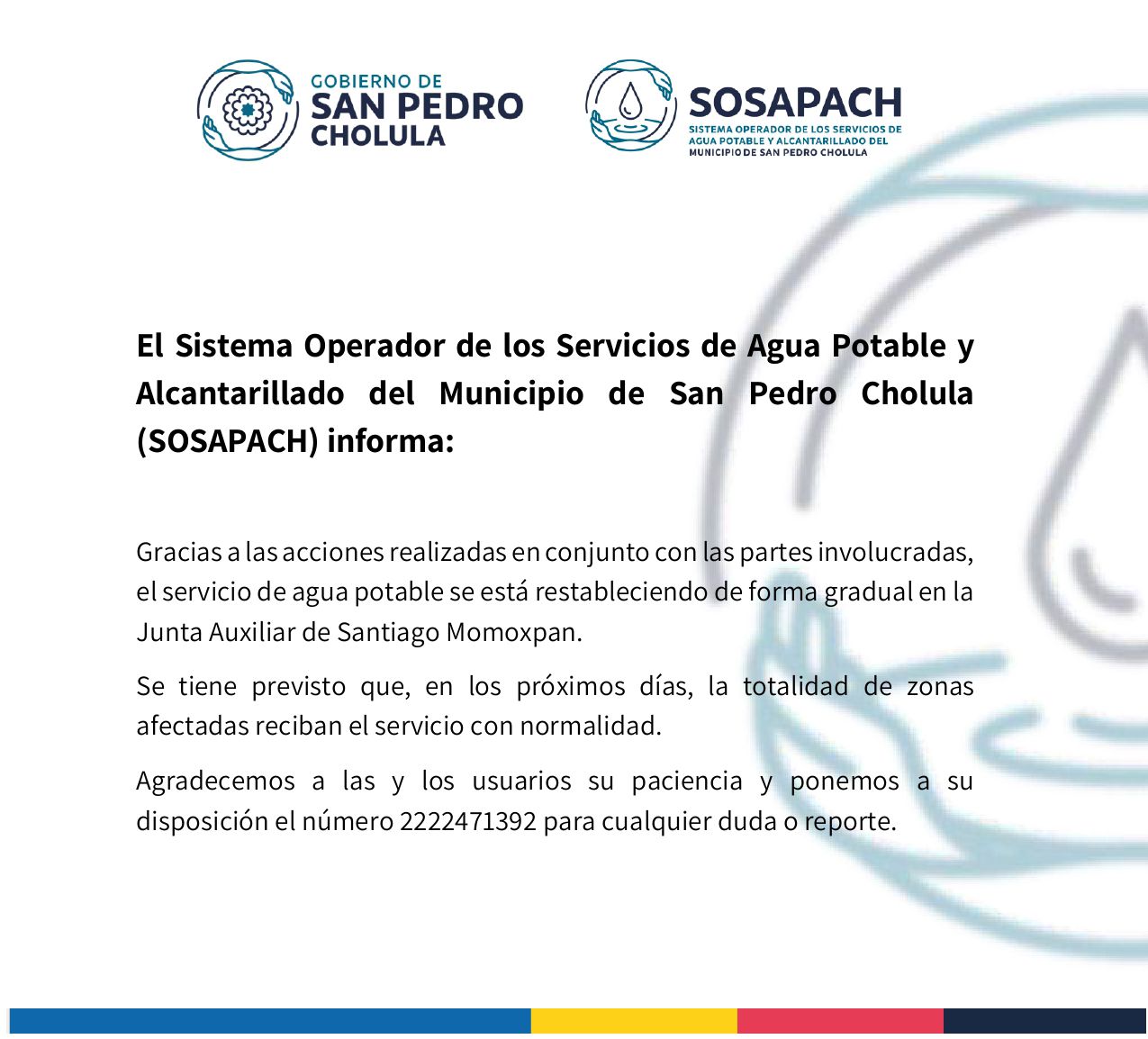 Sosapach regulariza gradualmente suministro de agua potable a usuarios de Momoxpan