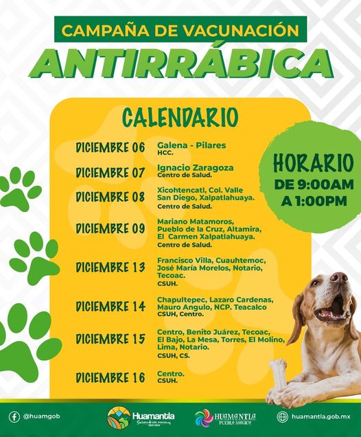 Ayuntamiento de Huamantla llevará a cabo jornada de vacunas antirrábicas en comunidades