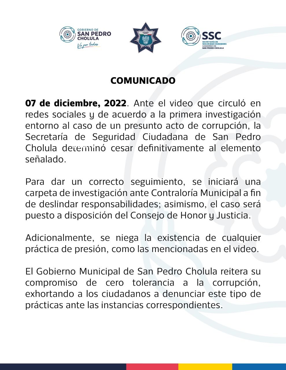 Cese definitivo y carpeta de investigación a policía que extorsionó a conductor en San Pedro Cholula