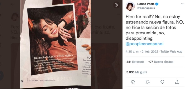 Tras publicación de revista, Danna Paola explotó: “Siempre se me preguntan sobre mi físico”