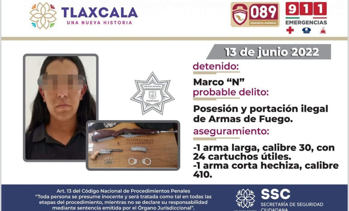 Detiene SSC a dos personas por portación ilegal de arma de fuego en Tetla