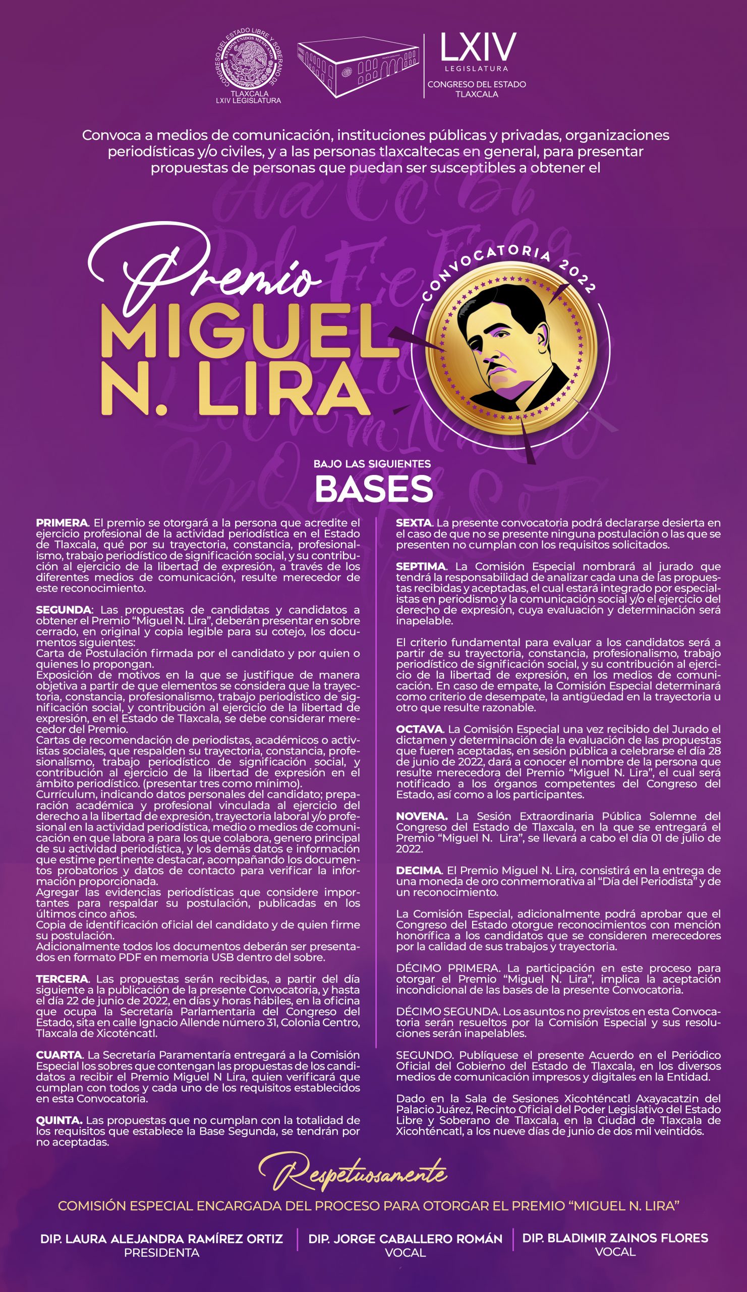Congreso emite las bases de la convocatoria para otorgar “Premio Miguel N. Lira, 2022”