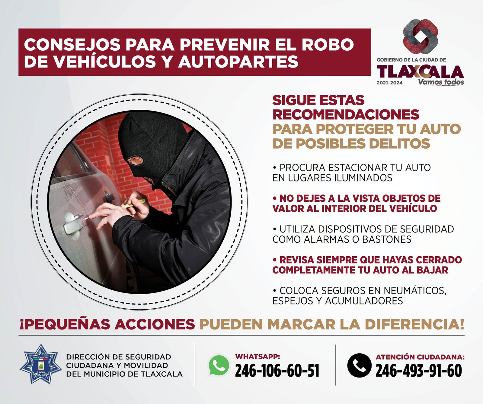 Policía de Tlaxcala capital invita a los conductores a mantener precauciones en sus automóviles