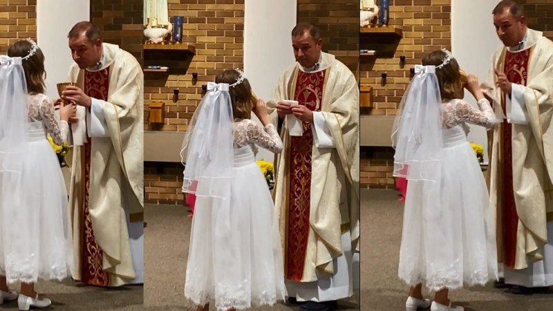 ¡La traía atrasada!, niña se bebe todo el vino durante su primera comunión y se hace viral