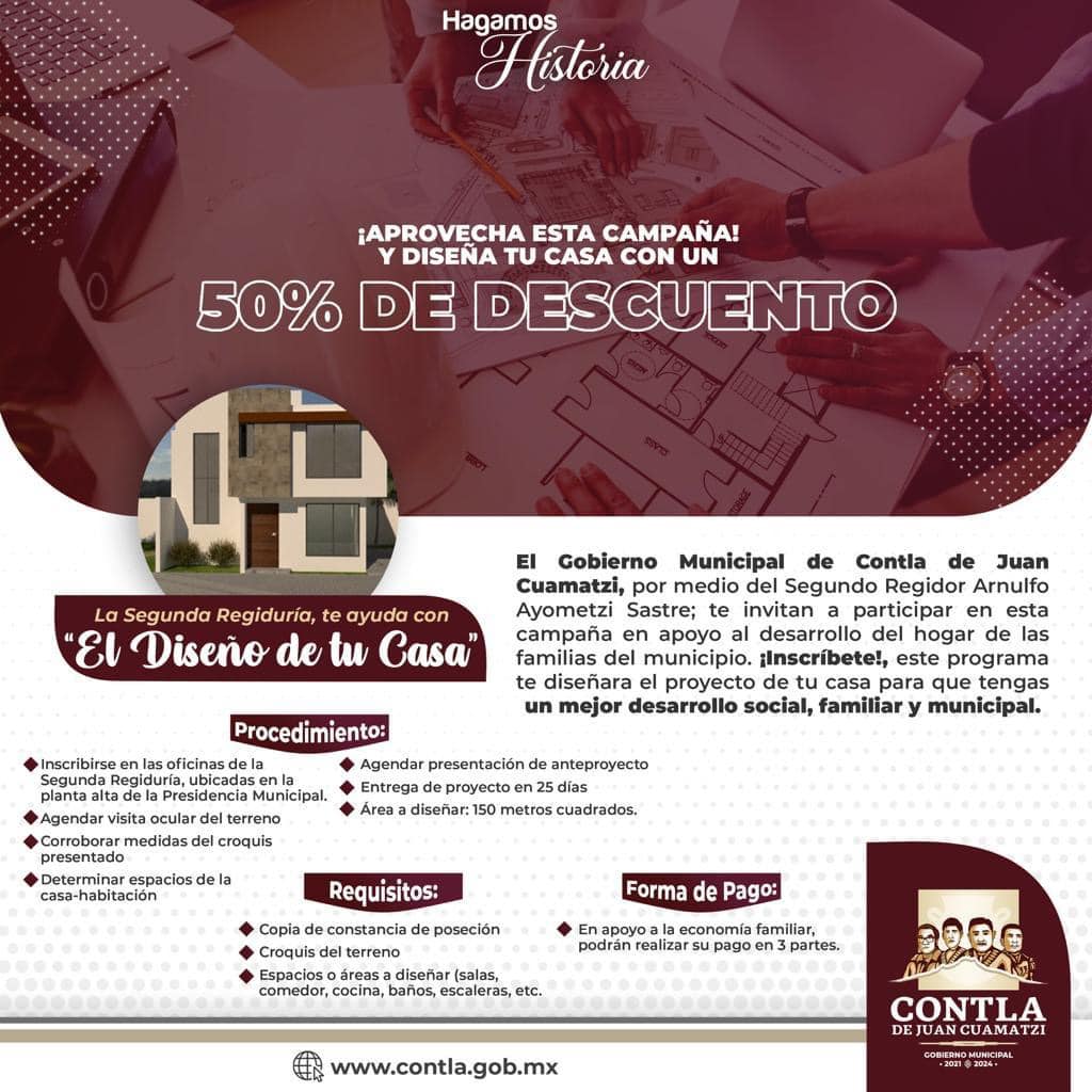 Ayuntamiento de Contla lanza programa “Diseño de tu Casa al 50% de descuento”