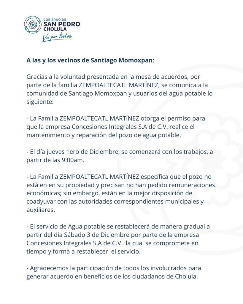 Concluye conflicto del pozo de agua potable en Santiago Momoxpan