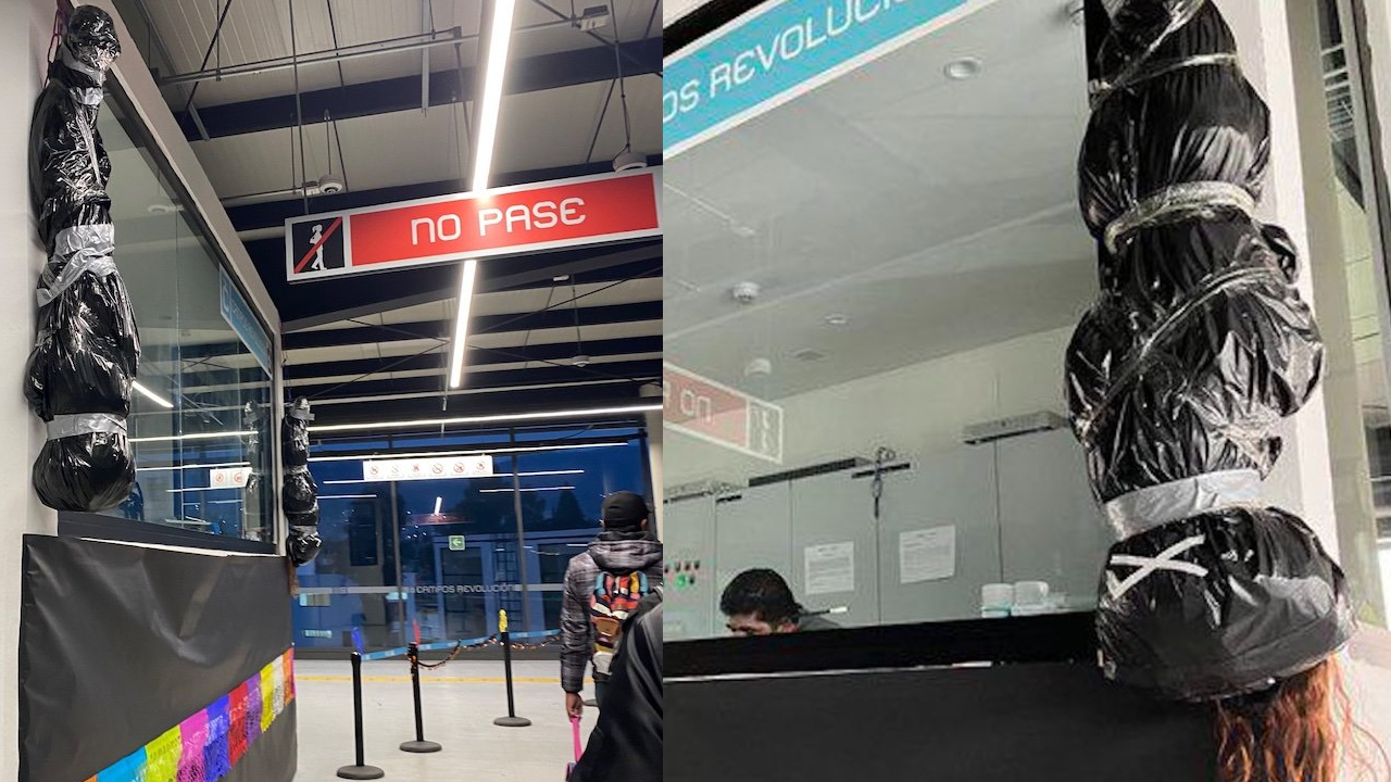 Adornan el cablebús de la CDMX con “cadáveres embolsados”