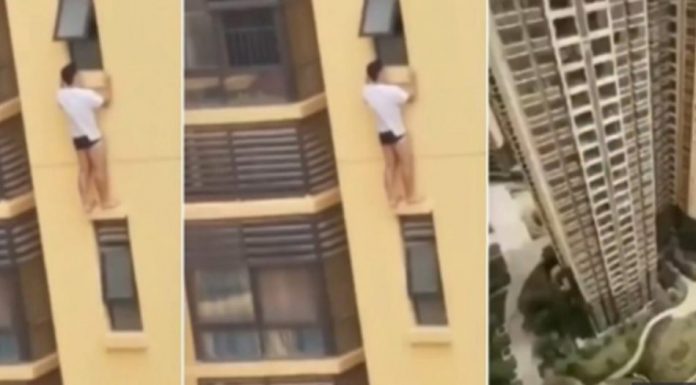 Amante se juega la vida al colgarse de la ventana de un piso 20 para que no ser atrapado por el esposo (Vídeo)