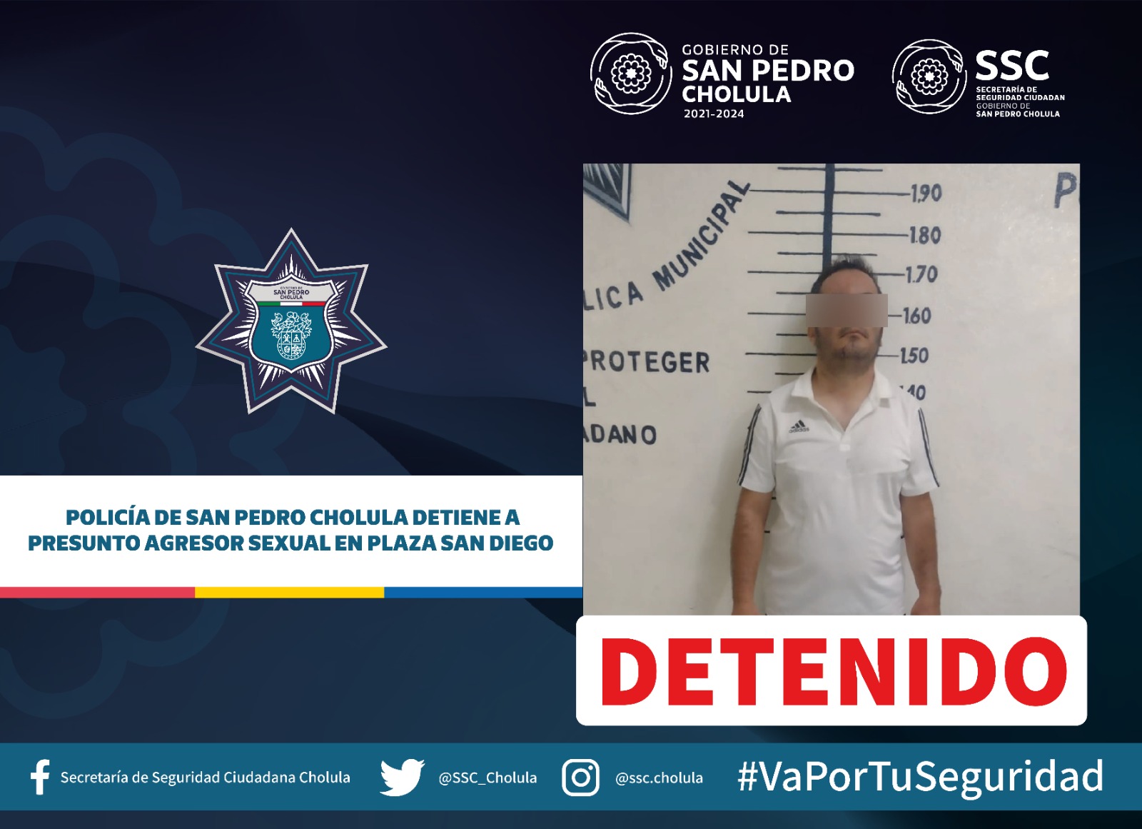 Policía de San Pedro Cholula detiene a presunto agresor sexual en Plaza San Diego