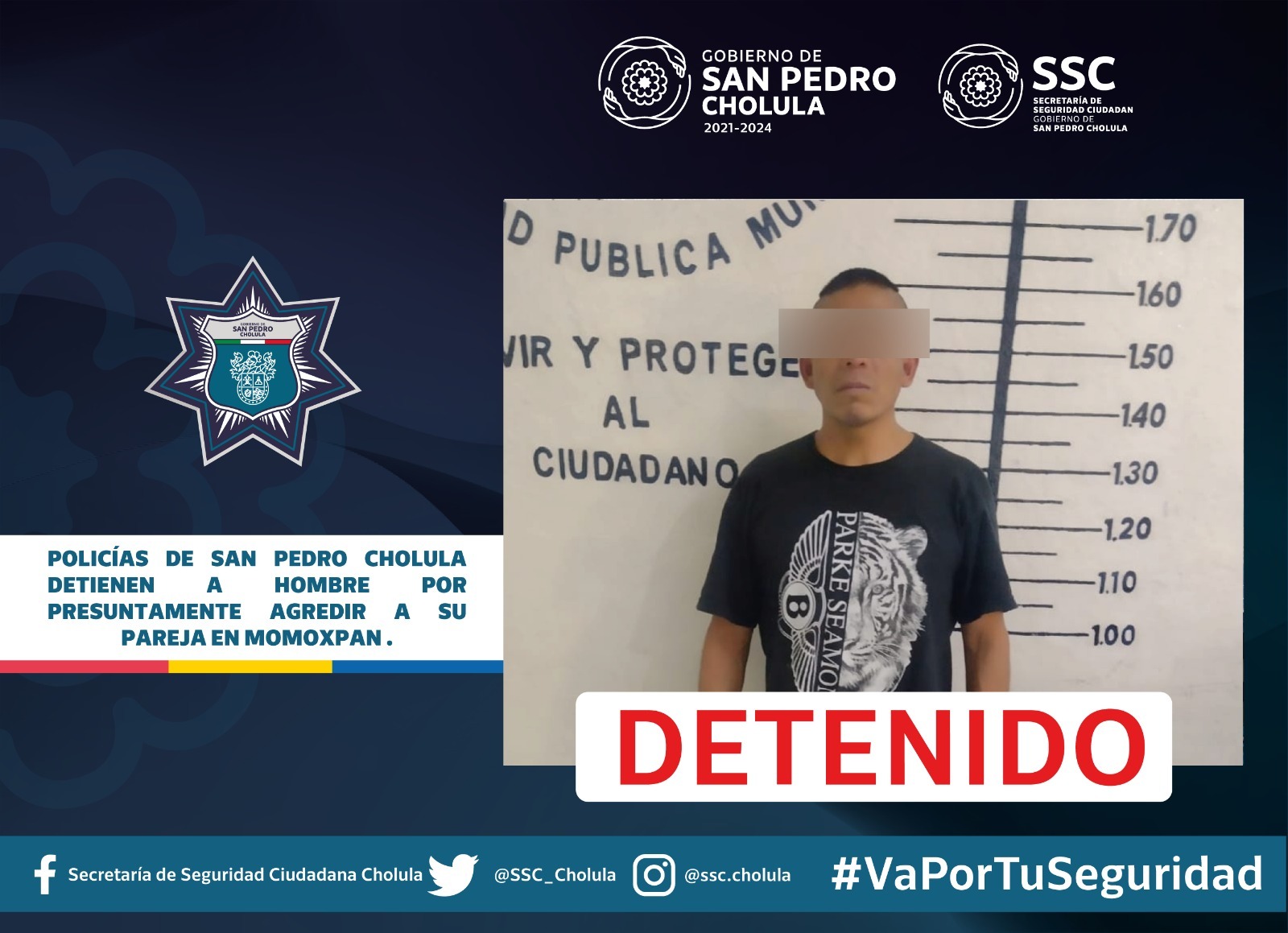 Policías de San Pedro Cholula detienen a hombre por presuntamente agredir a su pareja en Momoxpan