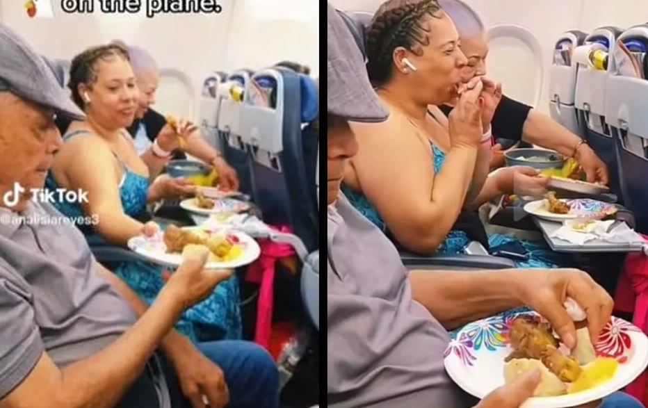 Captan a familia comiendo pollo frito con todo y trastes de cocina en pleno avión (Vídeo)