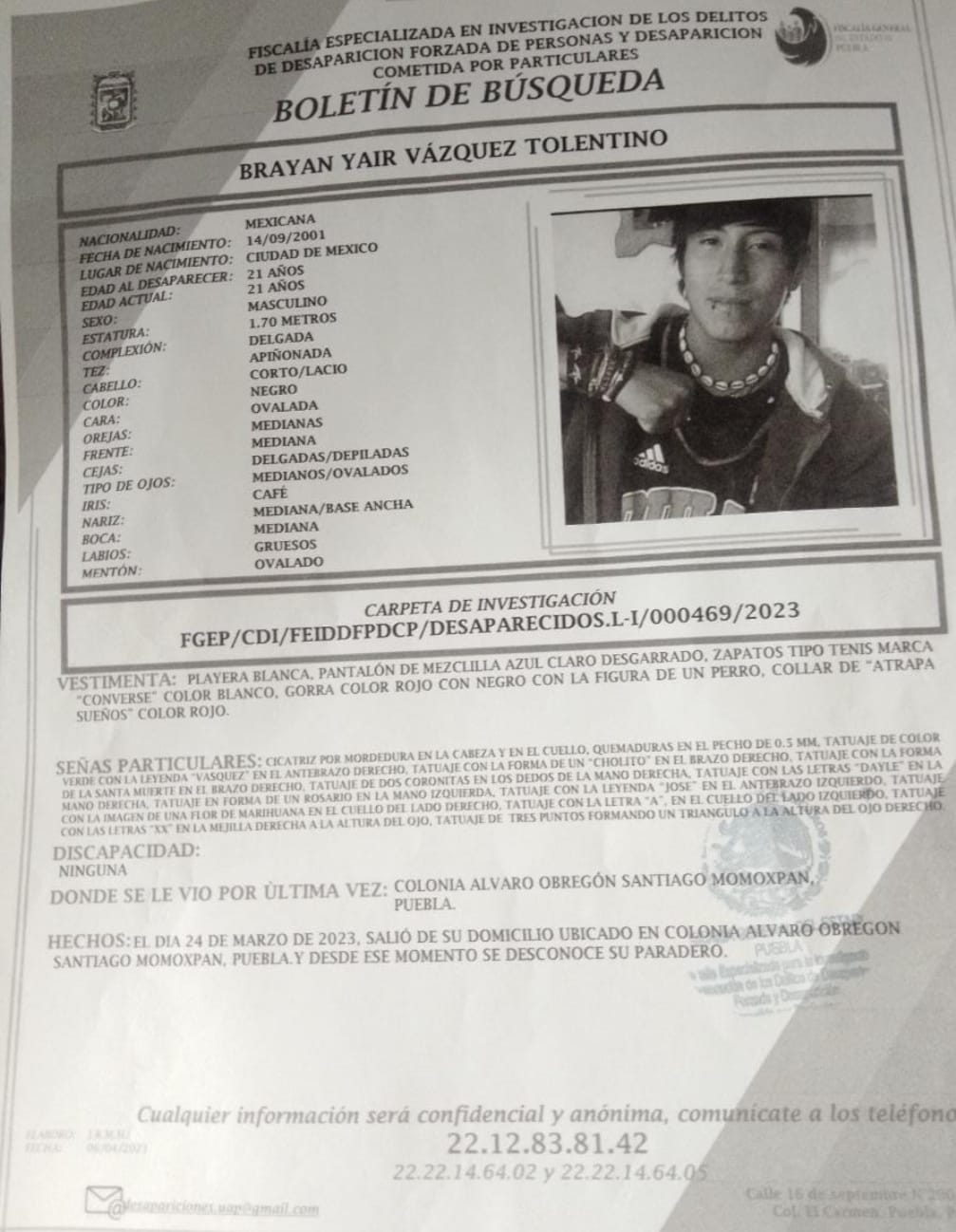 Desaparece Brayan Yair de Santiago Momoxpan desde el 24 de marzo