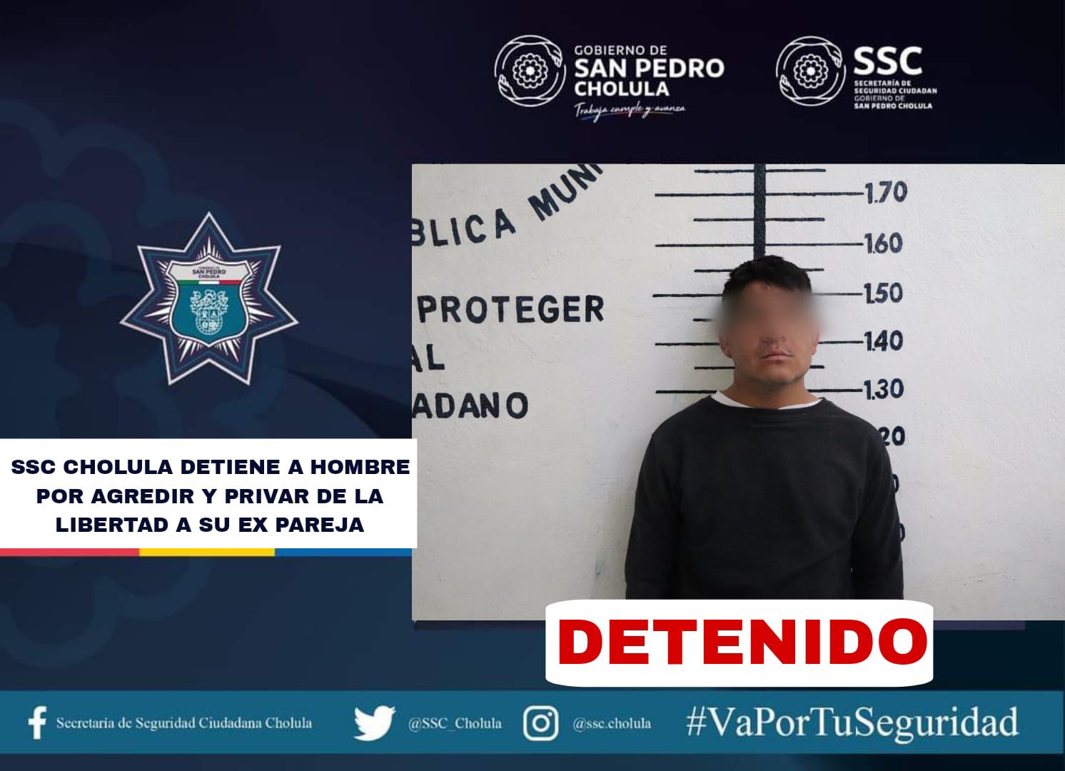 SSC Cholula detiene a hombre por agredir y privar de la libertad a su ex pareja