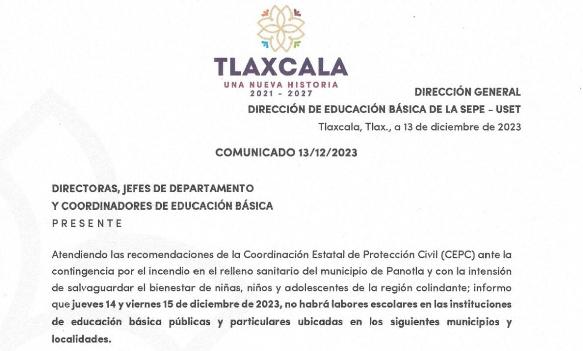 Continúa suspensión de clases en escuelas aledañas a Panotla