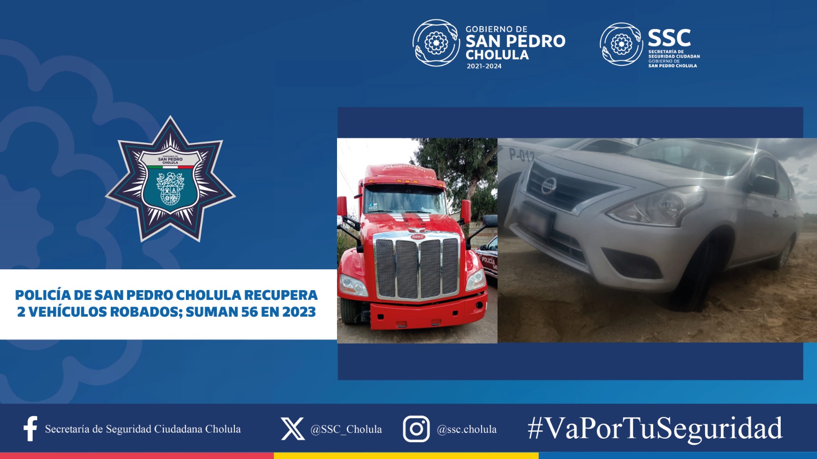 Policía de San Pedro Cholula recupera 2 vehículos robados; suman 56 en 2023