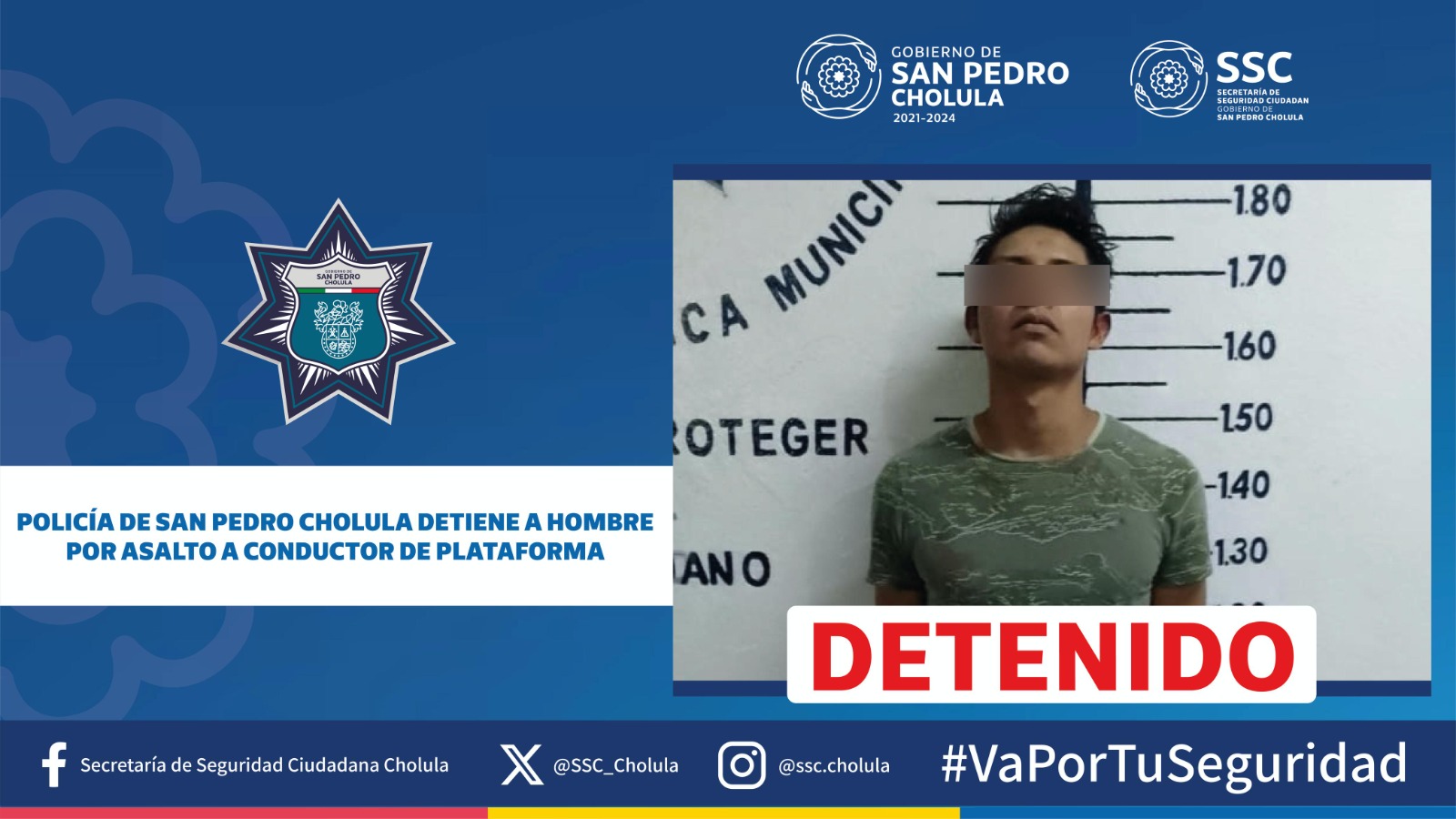Policía de San Pedro Cholula detiene a hombre por asalto a conductor de plataforma 