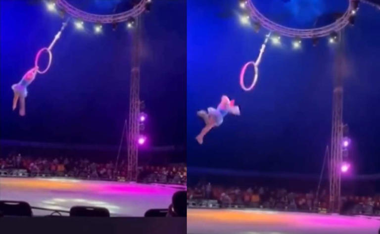 Trapecista cae de más de 5 metros de altura en plena función (Vídeo)