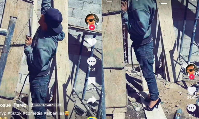 Albañil se hace viral tras ser captado utilizando tacones a falta de una escalera (Vídeo)