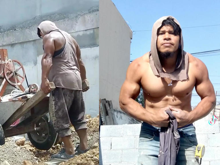 Albañil presume su musculatura conseguida a base de pizzas, coquitas y botes de mezcla (Vídeo)