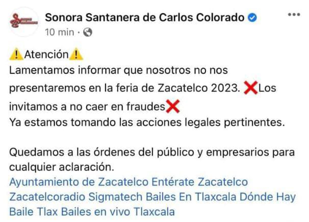  Desmienten a organizadores de feria de Zacatelco 2023: Sonora Santanera niega concierto