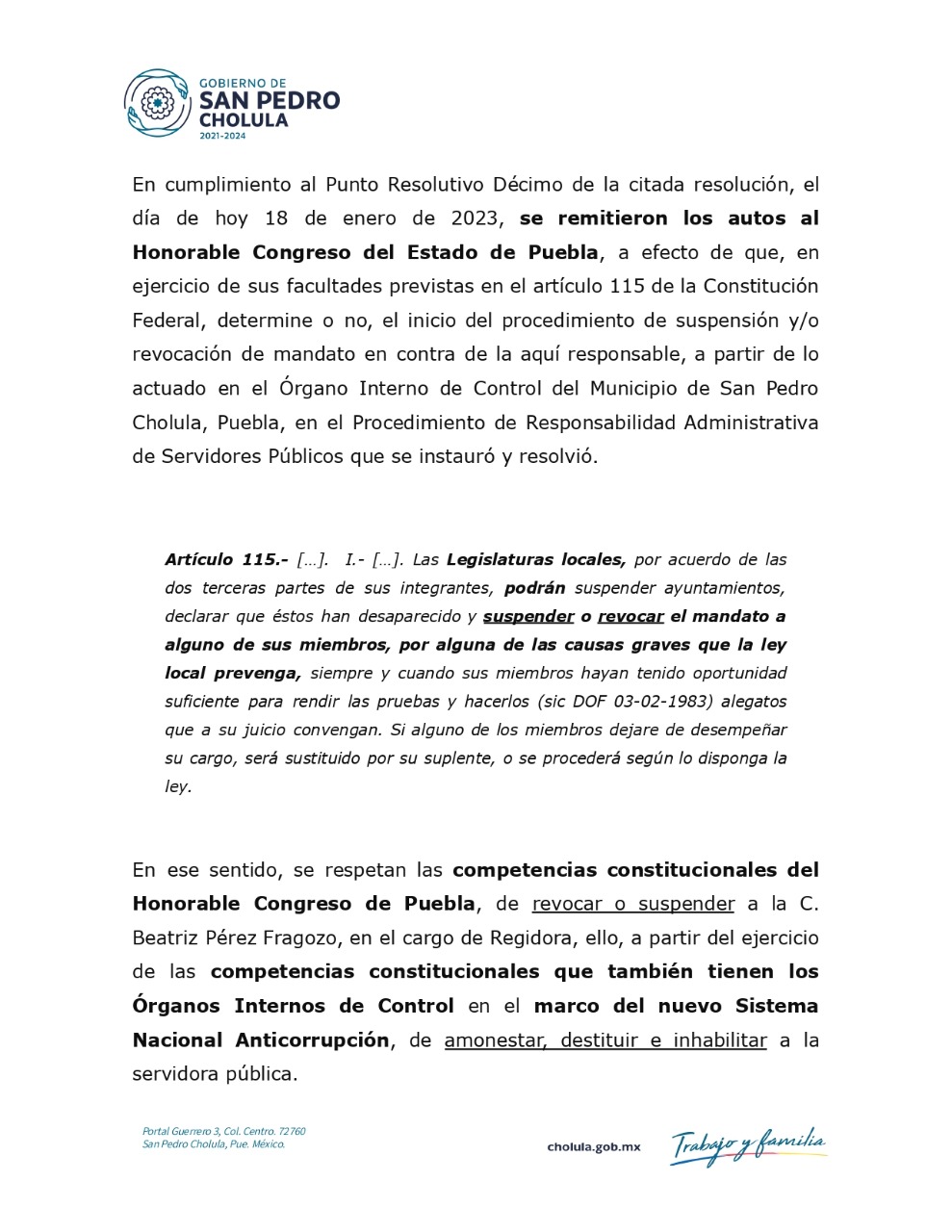 Remite la Sub-Contraloría del H. Ayuntamiento de San Pedro Cholula el expediente administrativo seguido en contra de Beatriz Pérez Fragozo, al Honorable Congreso del Estado de Puebla