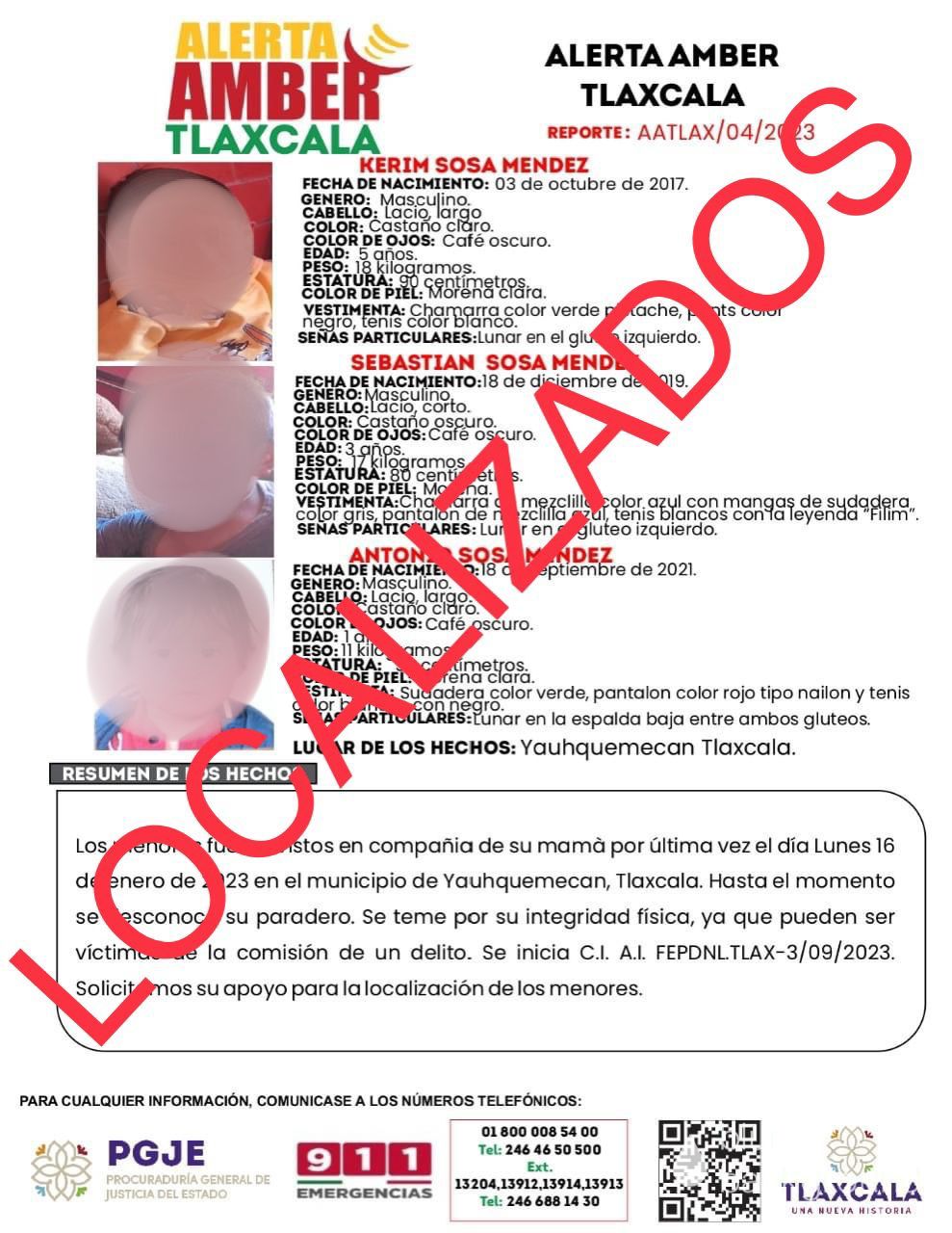LOCALIZAN A TRES MENORES EN XALOZTOC; PGJE INVESTIGA POSIBLE DELITO  Luego de que tres menores de edad junto con su madre fueron localizados la tarde de ayer domingo en el municipio de Xaloztoc, ya que contaban con una Alerta Amber, la Procuraduría General de Justicia del Estado (PGJE), inició una investigación por la posible comisión de un delito.   De acuerdo a la ficha de búsqueda, los menores de cinco, tres y un año de edad, fueron vistos por última vez el pasado 16 de enero en el municipio de Yauhquemehcan, por lo que las autoridades implementaron los protocolos de búsqueda de manera inmediata.  Por ello, luego de que fueron localizados, se trasladaron a la dependencia encargada de procurar justicia, donde la madre declaró que salió de su hogar junto con sus hijos por voluntad propia, por lo que en ningún momento estuvieron en riesgo.   Sin embargo, el Agente del Ministerio Público investiga la posible comisión de algún delito dentro del núcleo familiar, el cual pudo provocar el escape de la mujer y sus hijos de su domicilio.
