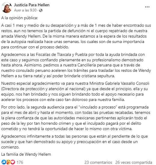Sigue sin repatriar Wendy Hellem peruana asesinada hace mes y medio en Cuautlancingo