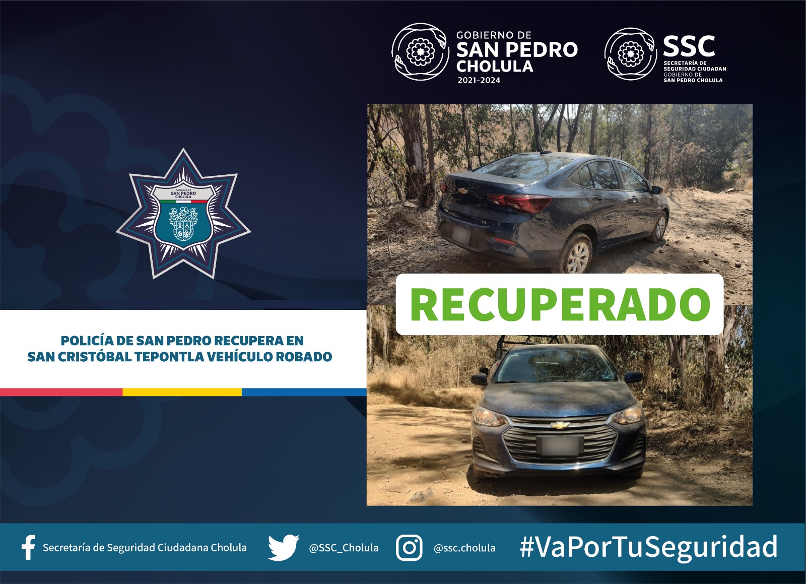 Policía de San Pedro recupera en San Cristóbal Tepontla vehículo robado