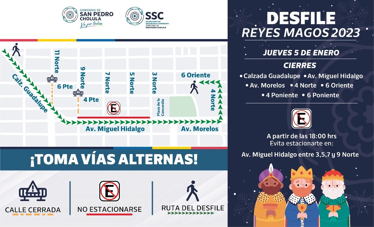 SSC Cholula implementará cierre de calles por Desfile de Reyes Magos