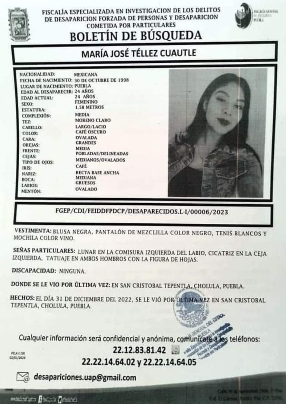 Emiten ficha de búsqueda de joven de 24 años desaparecida en San Cristóbal Tepontla