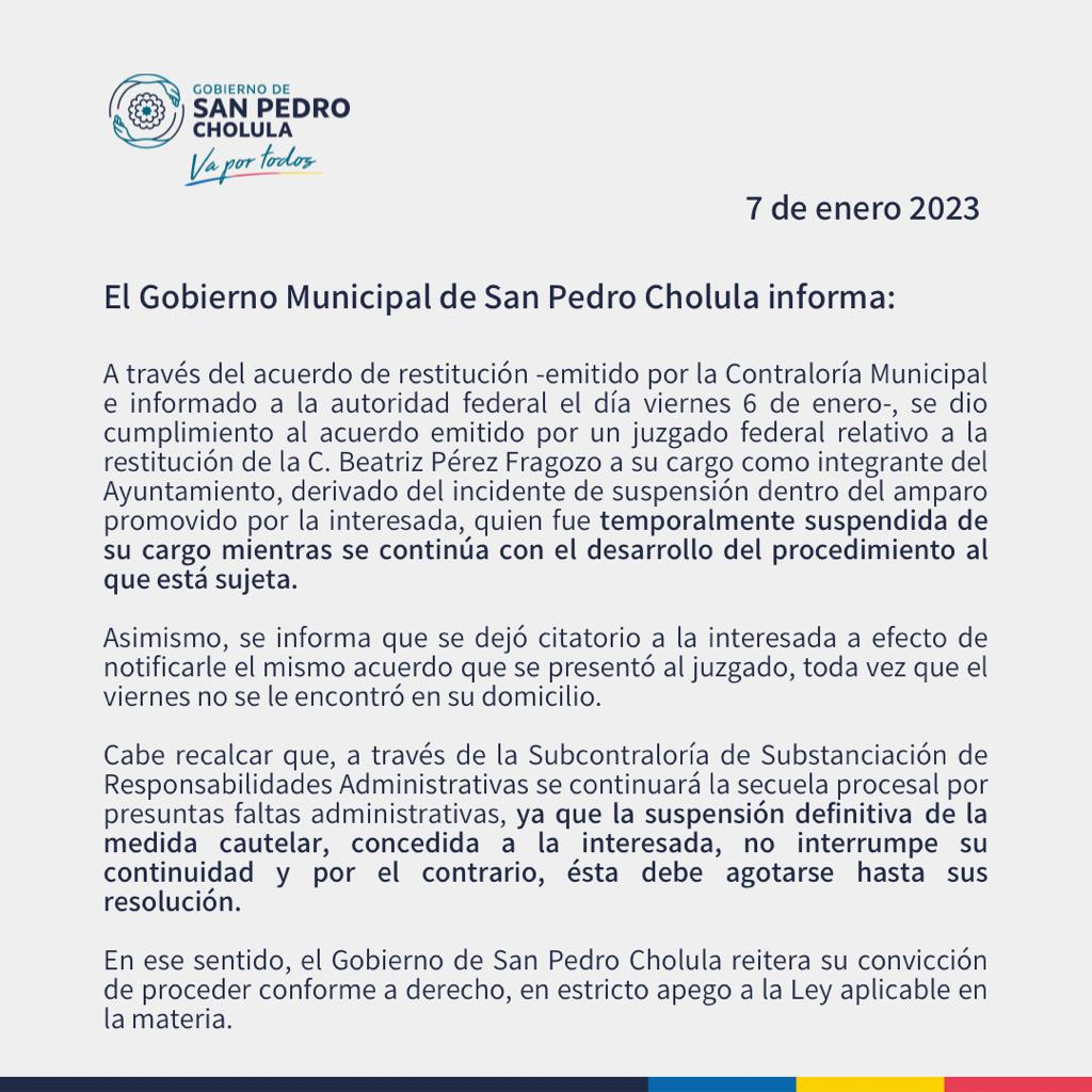 SPCH da cumplimiento al acuerdo emitido por juzgado federal procediendo conforme a derecho y en estricto apego a la Ley 
