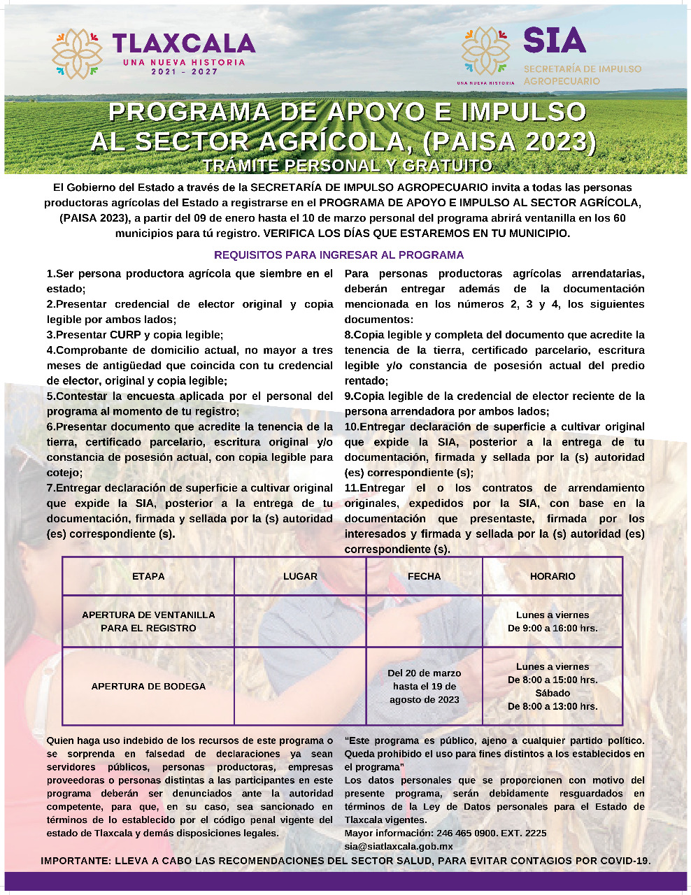 Convoca SIA al registro del programa de apoyo e impulso al sector agrícola 2023