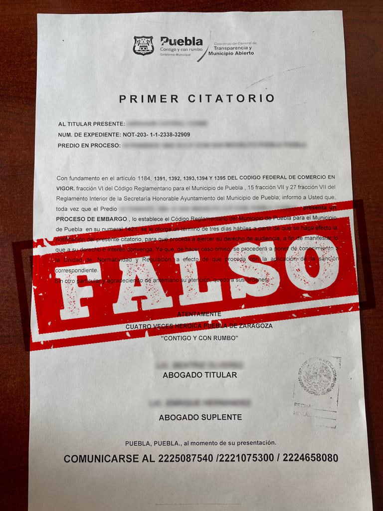 Alertan sobre distribución de falsos citatorios de embargo del Ayuntamiento de Puebla 