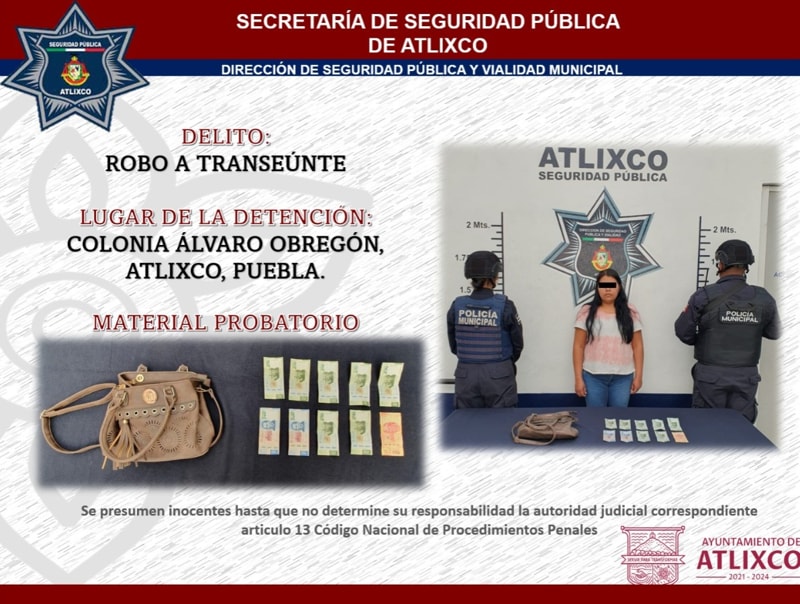 Policía municipal de Atlixco recupera moto robada y detiene a persona acusada de robo a transeúnte