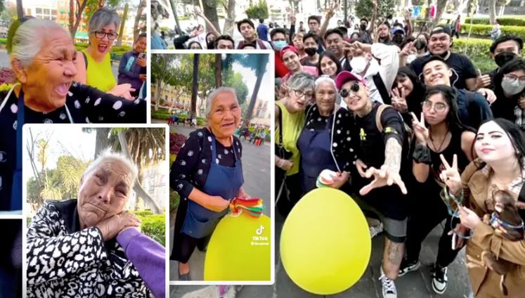Influencer ayuda a abuelita a vender globos en el zócalo de Puebla, redes agradecen el gesto (Vídeo)