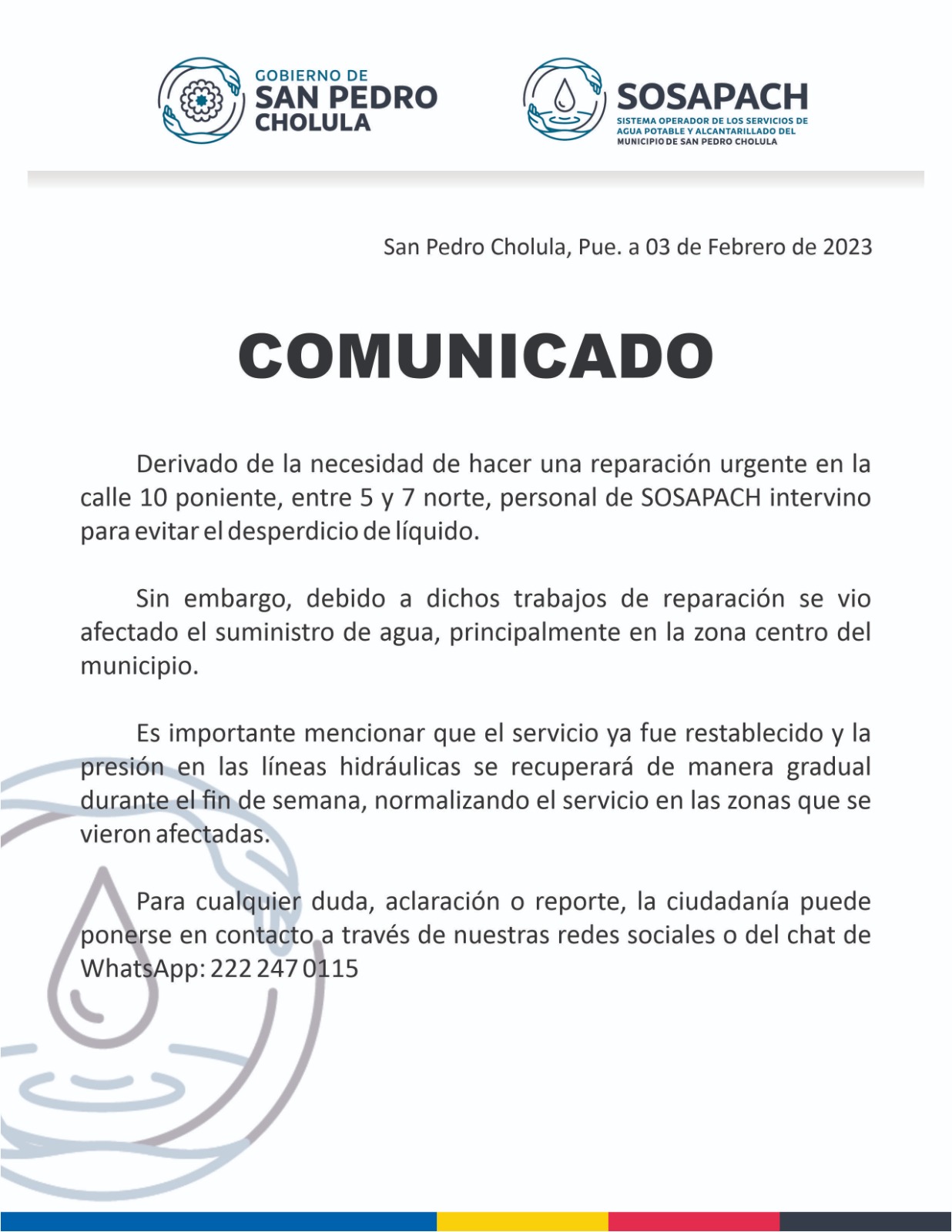 SOSAPACH intervine para evitar el desperdicio de líquido