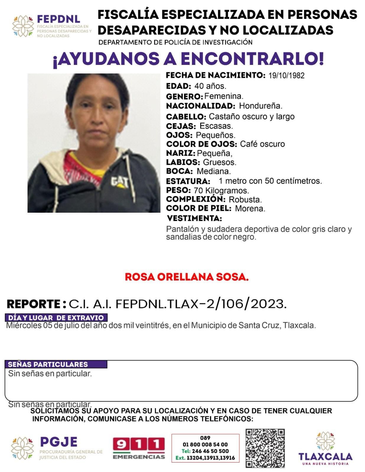 Un total de 14 migrantes de origen centroamericano, entre ellos 6 menores de edad, escaparon de un albergue del Sistema Estatal para el Desarrollo Integral de la Familia (SEDIF), ubicado en el municipio de Santa Cruz Tlaxcala.  Por ello, la Fiscalía Especializada en Personas Desaparecidas y No Localizadas emitió igual numero de fichas de búsqueda para la ubicación de las personas provenientes de Honduras y Guatemala.  Entre los desaparecidos se encuentran seis menores de edad: Brayan Armando Mejía Orellana, de 13 años; Yorlin Josue Mejía Orellana, de ocho años; Ian Haciel Servellon Sosa, de un año y tres meses; Yahir Estuardo Soto López, de 10 años; Darwin Obed Madrid Hernández, de 16 años y Bladimir de Jesús Caracun Toc, de 12 años.  A la lista se suman tres mujeres: Rosa Orellana Sosa, de 40 años de edad, de nacionalidad hondureña; Génesis Dayesi Servellon Sosa, de 20 años de edad, también hondureña; y Llamilex Beralinda López Robles, de 26 años de edad, de Guatemala.  También se difundió la imagen de Juan Miguel Mejía, de 57 años de edad; Edwin Tomás Caballero Madrid, de 23 años; Saúl Fernando Cerrato Baquedano, de 23 años; y Kevin Omar Caballero Molina, de 18 años, todos ellos originarios de Honduras.  Se sabe que algunos de ellos ingresaron al albergue a finales de junio, y otros anuncios de julio. Los especialistas ya trabajan para dar con el paradero de estas personas.