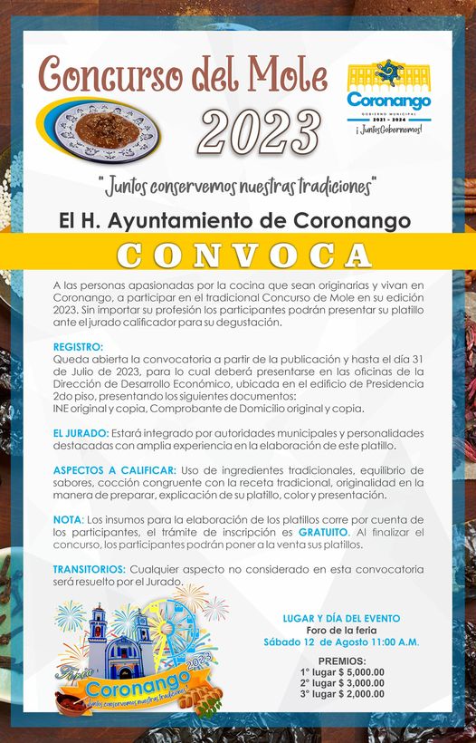 Coronango convoca a participar en el “Concurso de Mole 2023” 