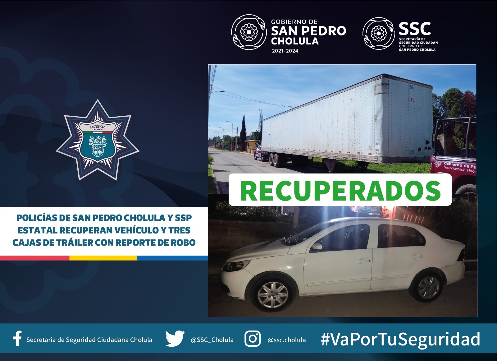 Policías de San Pedro Cholula y SSP estatal recuperan vehículo y tres cajas de tráiler con reporte de robo