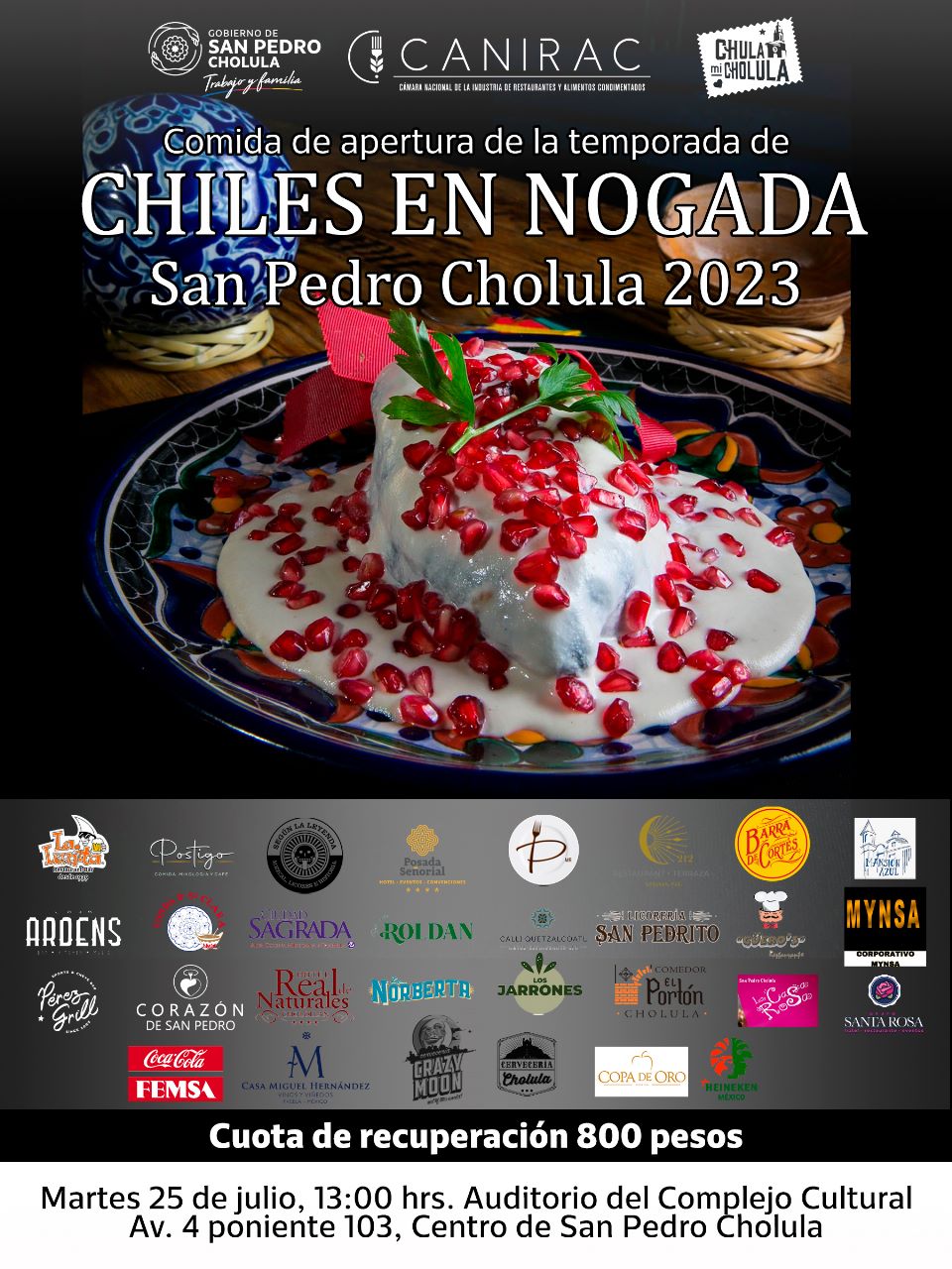 Anuncian inicio de temporada de Chiles en Nogada, San Pedro Cholula y CANIRAC con comida con causa el 25 de julio