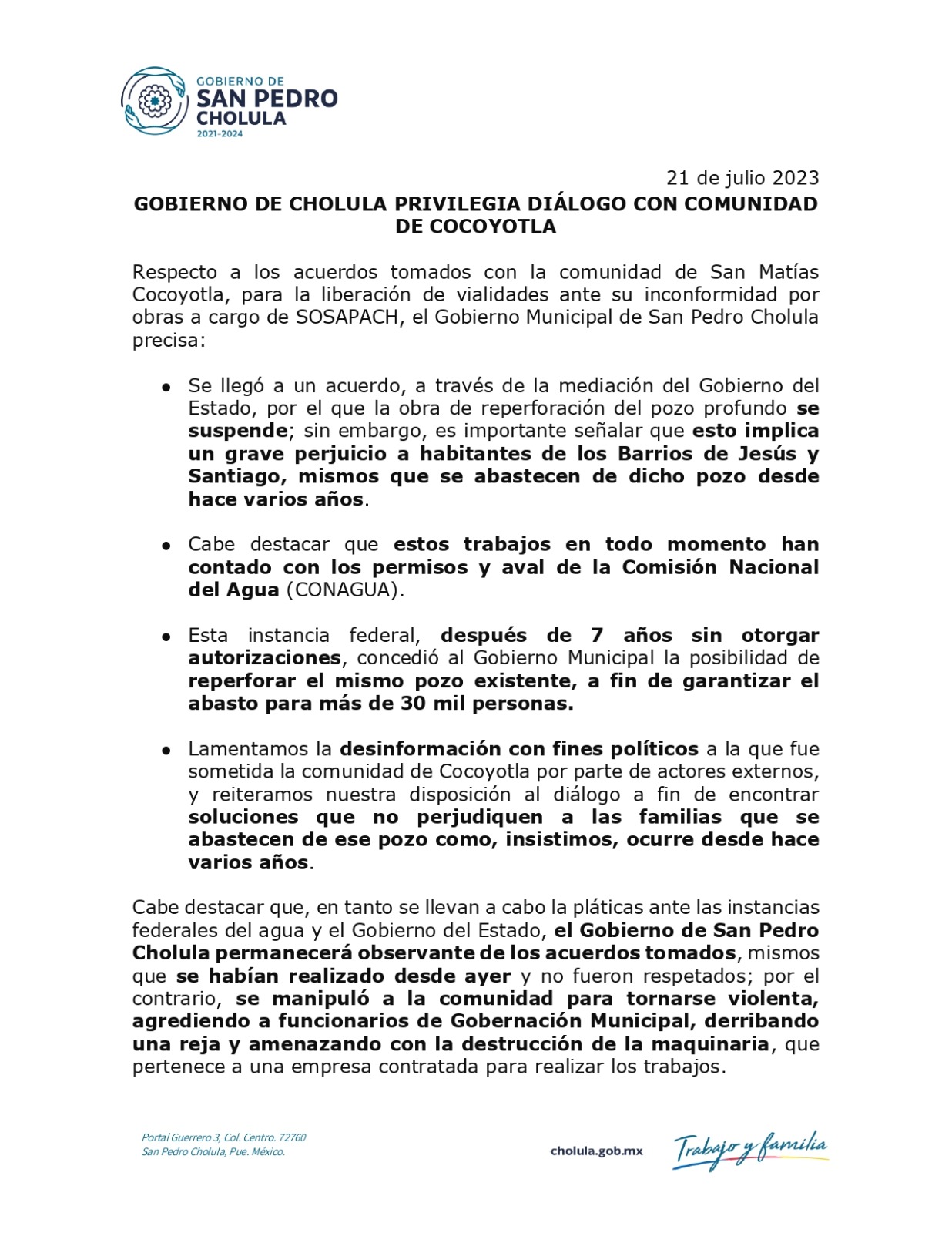 Gobierno de Cholula privilegia diálogo con comunidad de Cocoyotla